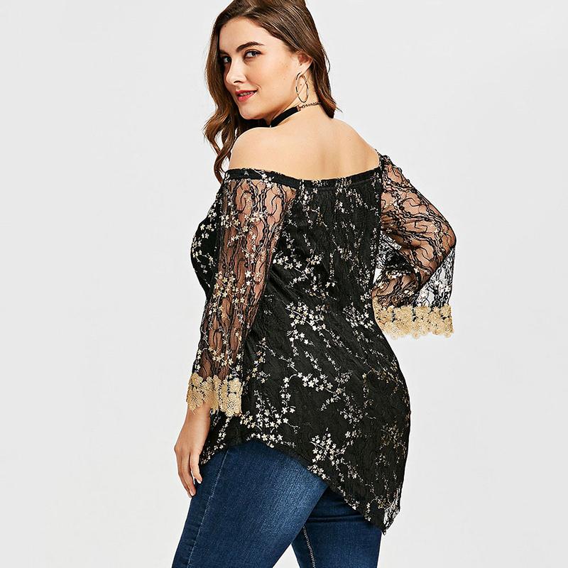 Glittery Lace Mesh Flare Sleeve Off Shoulder Sequin Top