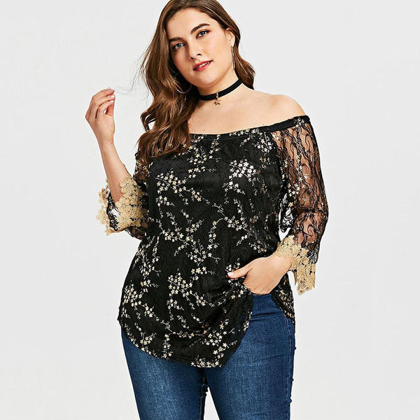 Glittery Lace Mesh Flare Sleeve Off Shoulder Sequin Top