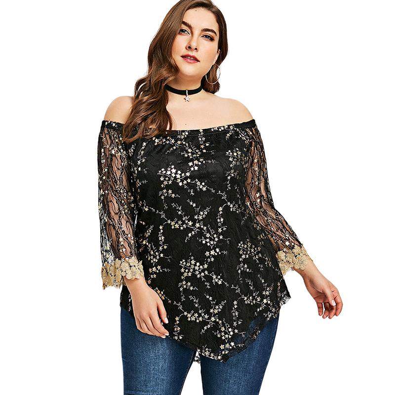 Glittery Lace Mesh Flare Sleeve Off Shoulder Sequin Top