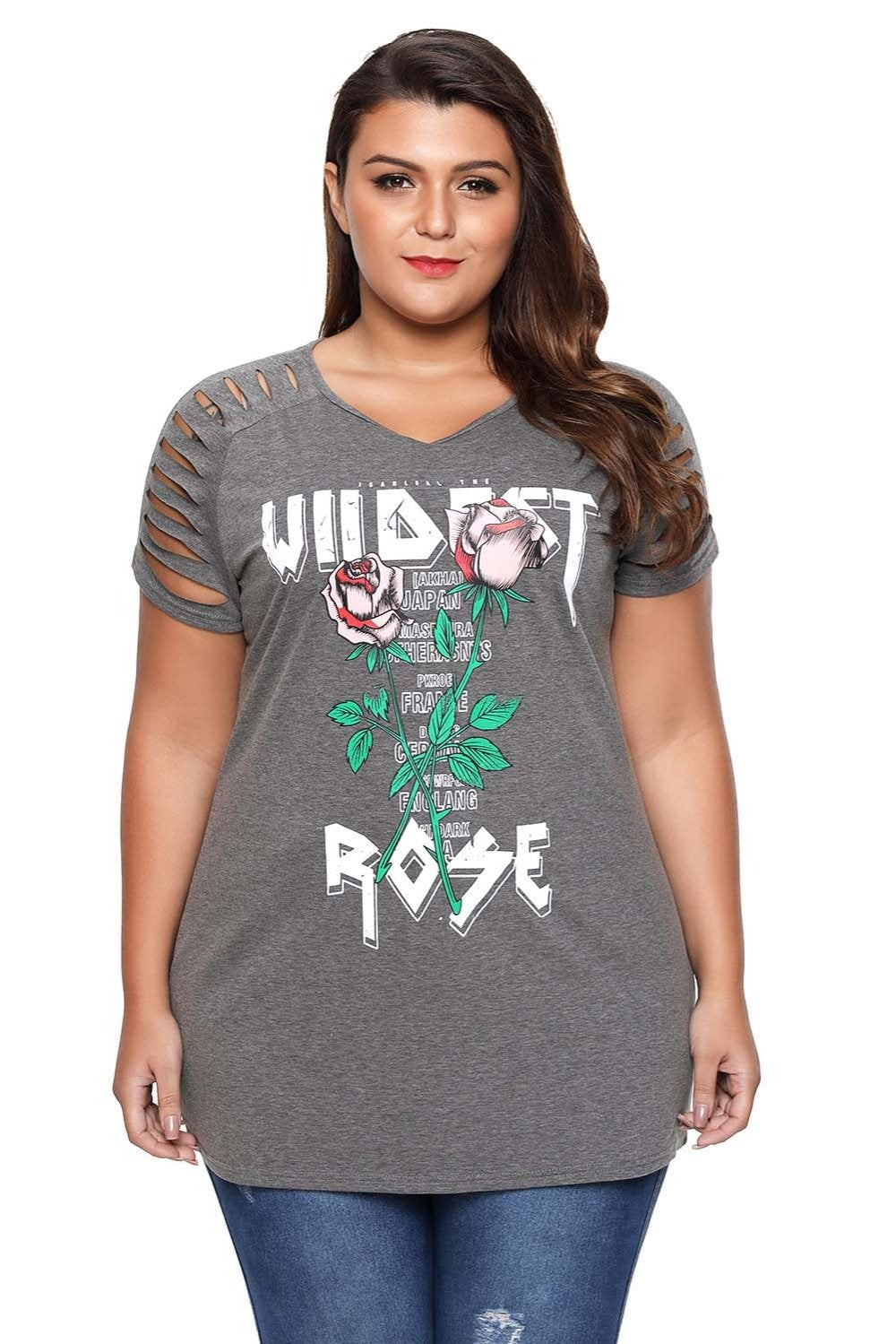 Plus Size Rose Letter Print T Shirt 