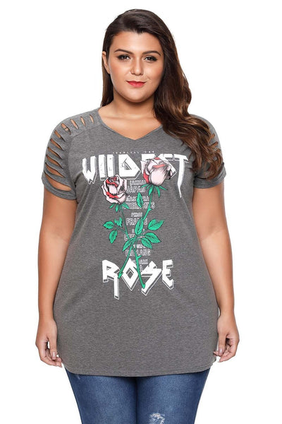 Plus Size Rose Letter Print T Shirt 