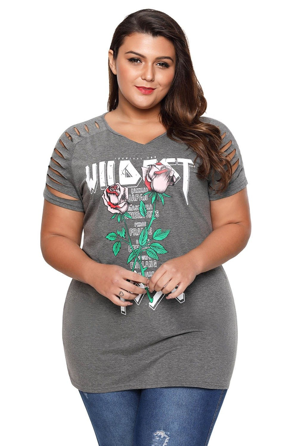 Plus Size Rose Letter Print T Shirt 