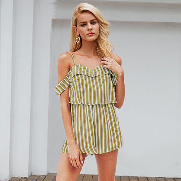 Striped Open Shoulder Romper